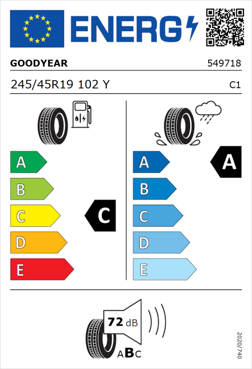 Tyre Label for Goodyear Eagle F1 Asymmetric 5 245/45R19 102Y