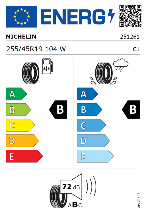 Tyre Label for Michelin Pilot Sport EV 255/45R19 104W