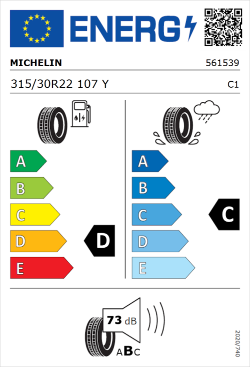 Tyre Label for Michelin Pilot Sport 4 S 315/30R22 107Y