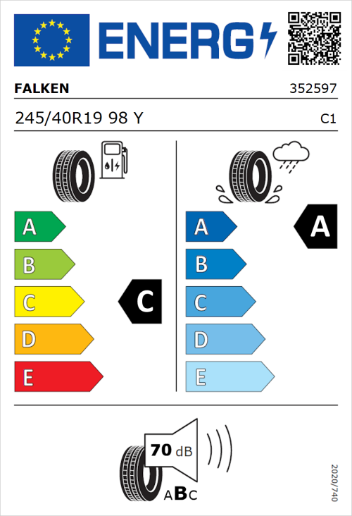 Tyre Label for Falken Azenis FK520 245/40R19 98Y