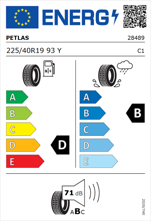 Tyre Label for Petlas Velox Sport PT741 225/40R19 93Y
