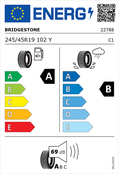 Tyre Label for Bridgestone Turanza 6 245/45R19 102Y