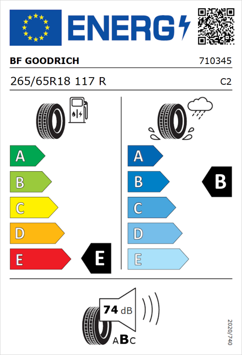 Tyre Label for BF Goodrich All Terrain T/A KO2 RWL 265/65R18 117R
