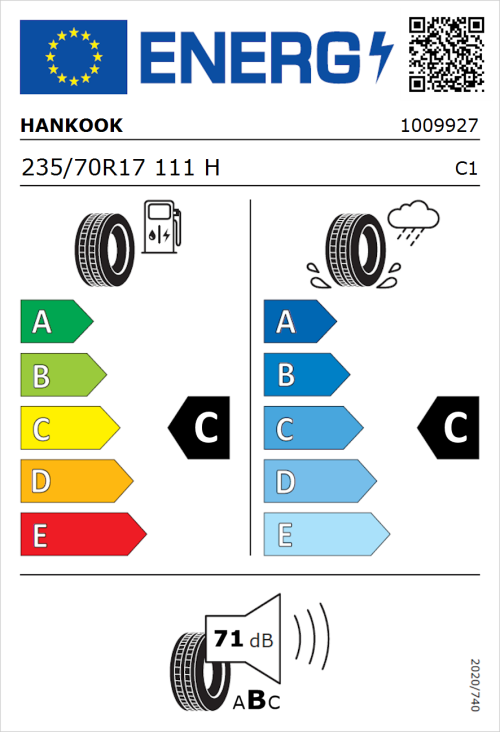 Tyre Label for Hankook Dynapro HP RA23 235/70R17 111H