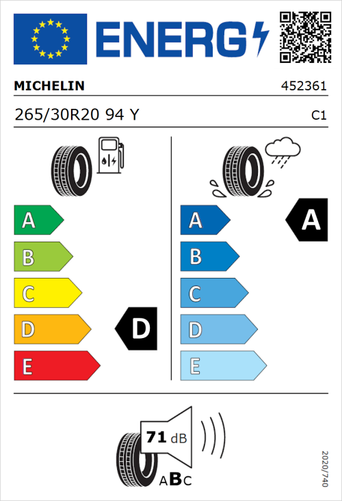 Tyre Label for Michelin Pilot Sport 4 S 265/30R20 94Y